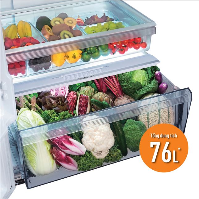Ngăn rau củ kép, 76L, lớn nhất trong phân khúc<br>Lưu trữ nhiều hơn, lấy đồ nhanh hơn, sắp xếp ngăn nắp hơn