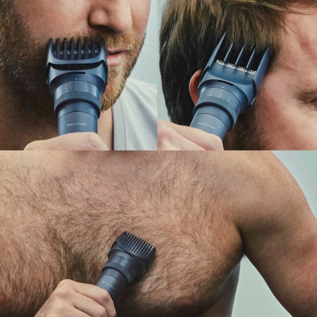 Collage closeups of male using Multishape trimmer on beard, body, and hair