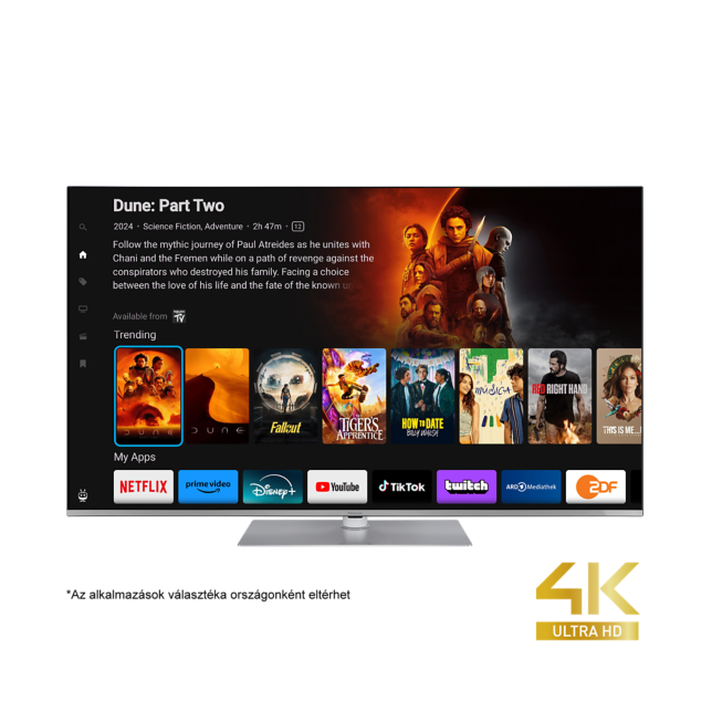 A Panasonic W63 Series LED 4K Ultra HD TV a TiVo erejével fényképen