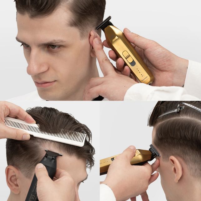 Több terület kontúrozása a fülek, a homlok és az oldalszakáll körül a T-alakú ER-XT70 trimmelővel