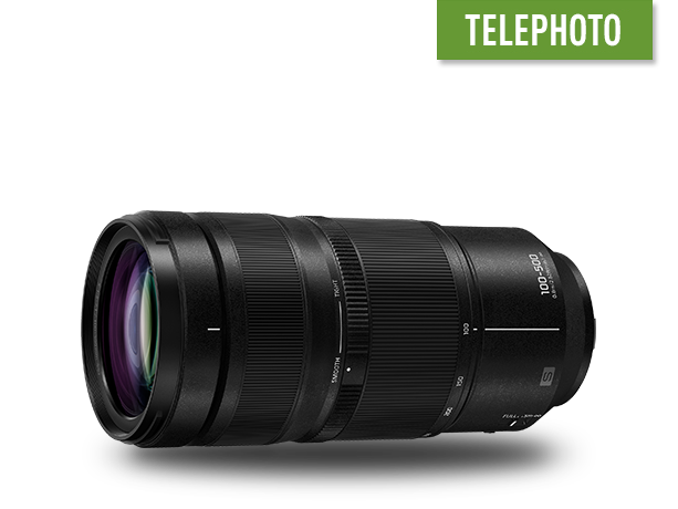 Angled view of the LUMIX S 100-500mm F5-7.1 (S-R100500) lens