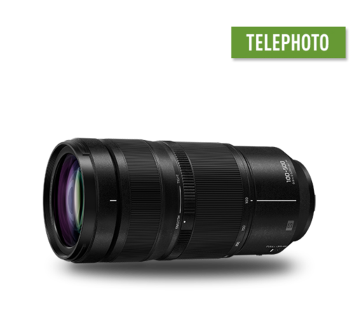 LUMIX S 100–500 mm F5-7.1 (S-R100500) skats uz objektīvu no leņķa