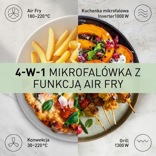 Grafika prezentująca 4 tryby gotowania: Air Fry (180–220°C), mikrofala Inverter (1000 W), grill (1300 W) oraz pieczenie konwekcyjne (30–220°C), wokół talerza z różnymi potrawami.