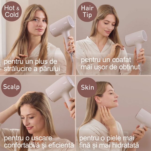 Un grafic în patru părți care demonstrează diferitele moduri ale EH-NA0L: „Hot & Cold” pentru un plus de strălucire, „Hair Tip” pentru un finisaj ușor de coafat, „Scalp” pentru o uscare confortabilă și „Skin” pentru piele hidratată.