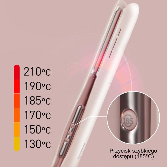 Ustawienia temperatury w zakresie od 130°C do 210°C, z przyciskiem szybkiego dostępu do wartości 185°C.