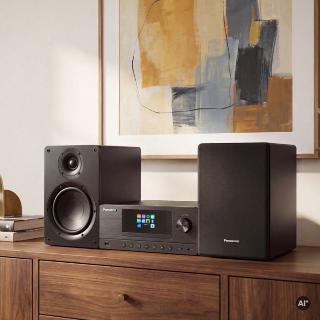 Panasonic SC-PMX112 mikrorendszer egy fa tálalószekrényen egy lágyan megvilágított nappaliban, mögötte a falon egy absztrakt műalkotás lóg.