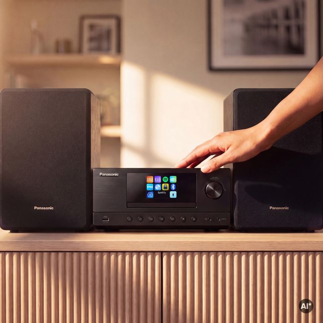 Egy kéz nyúl lefelé, hogy megnyomja a Panasonic SC-PMX112 vezérlőjét egy napsütötte szobában, a színes kijelzőn a DAB+ rádió képernyője látható.
