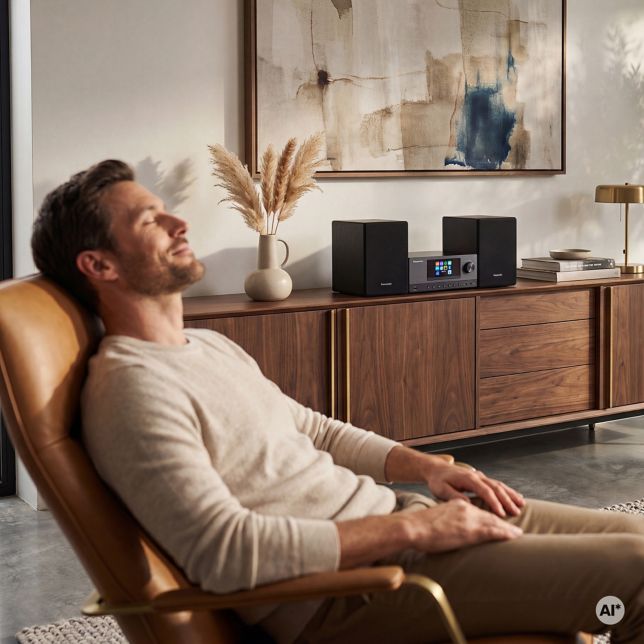 Egy férfi egy karosszékben pihen egy világos nappaliban, miközben a mögötte lévő fa tálalószekrényen a Panasonic SC-PMX112 játszik.