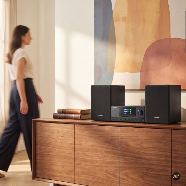 Egy nő elsétál egy fa tálalószekrény mellett egy napsütötte szobában, ahol a Panasonic SC-PMX112 világító órakijelzővel áll.
