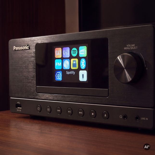 A Panasonic SC-PMX112 előlapjának közeli képe, amelyen látható a 2,8 hüvelykes színes LCD kijelző az alkalmazásikonokkal, a forgóvezérlő tárcsa és a funkciógombok mellett.